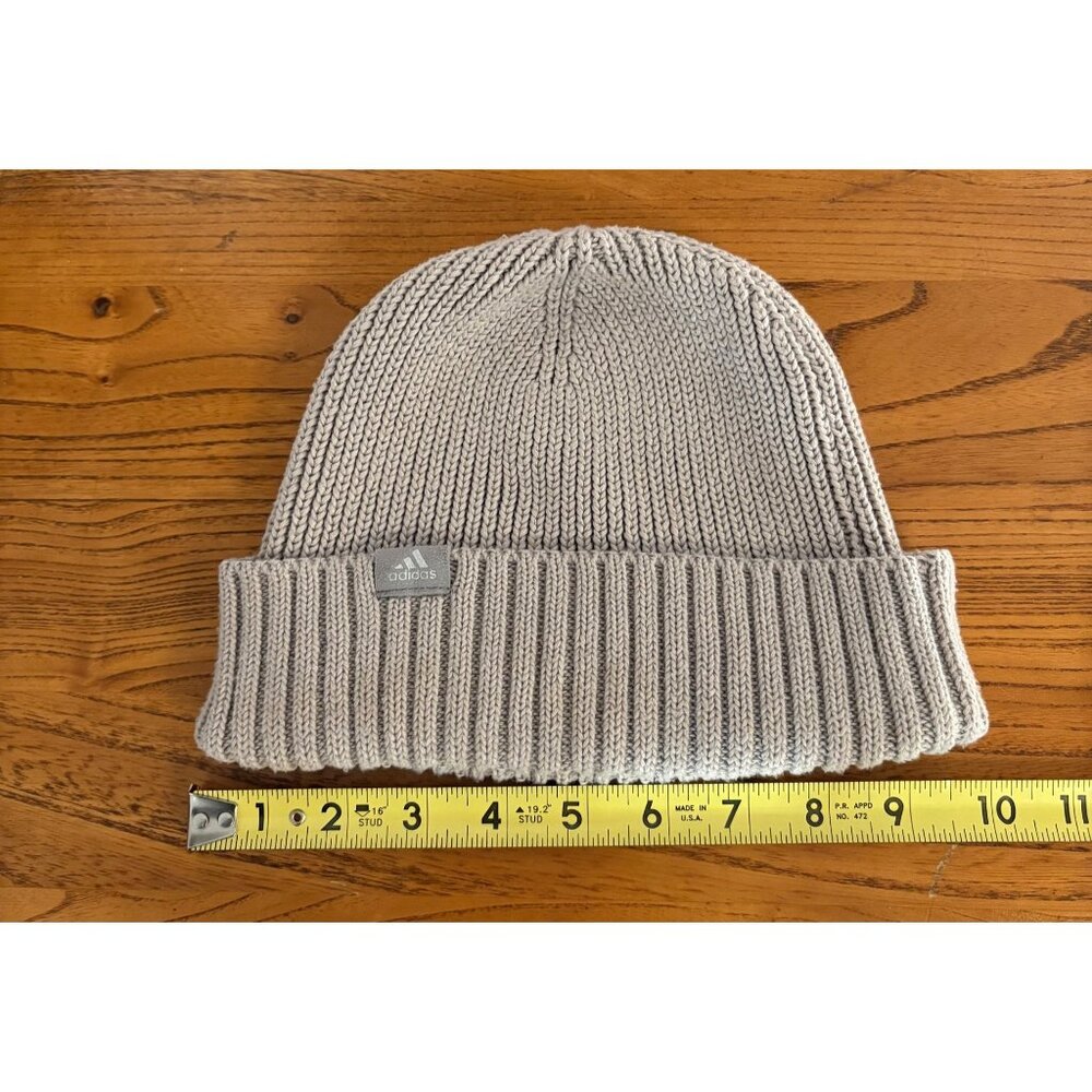 Adidas Beige Knit Fold Beanie Hat Ribbed Cuff Unisex One Size Std Fit Silhouette - Picture 6 of 6